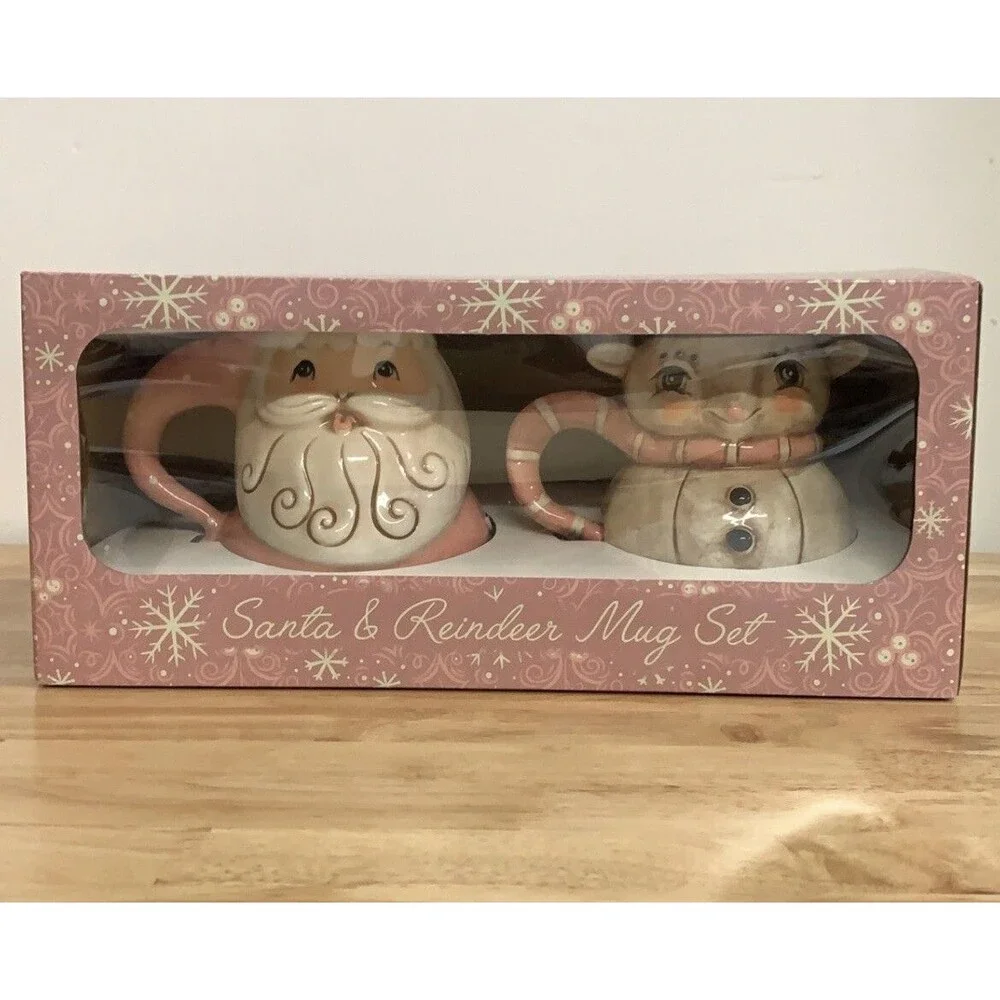 Johanna Parker Christmas Holiday Pink Santa & Reindeer Christmas Large Mug Set